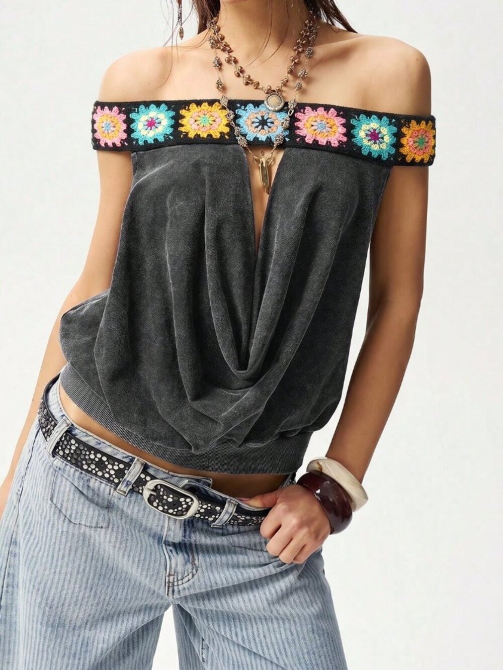 Grey Casual Women's Washed Knit T-Shirt With Braid Trim - Picture 8 of 8
